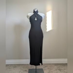 Black Ribbed Halter Keyhole Maxi Dress Medium Wedding Formal Prom Resort Goth